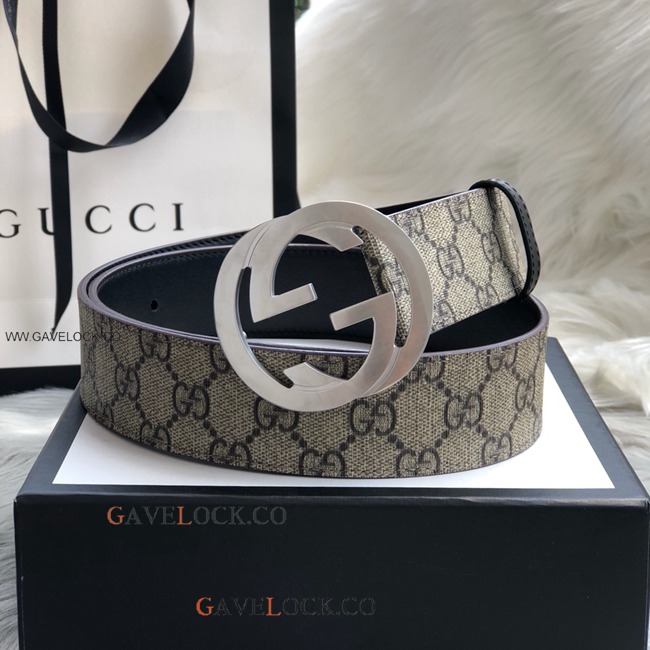 Gucci Black Leather Belt PVC Brown Monogram Steel Buckle
